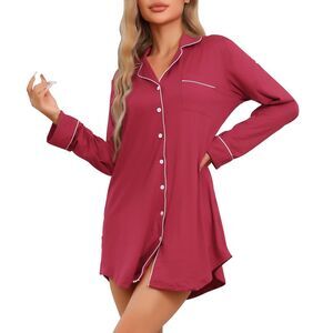 Sleepshirt Long Sleeve Shirt Button Down Loungewear Sleepwear Red